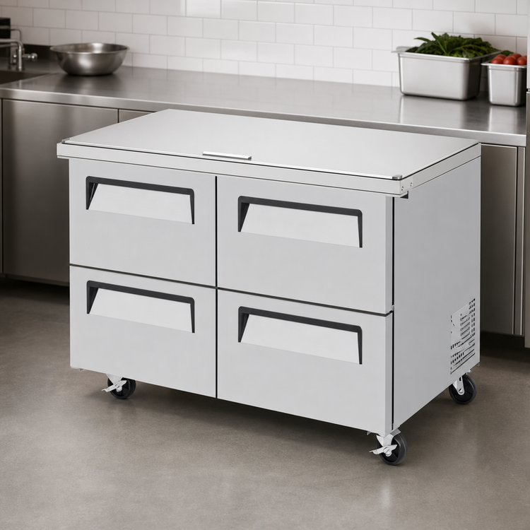 Product image #3 for Turbo Air Super Deluxe 48-1/4-Inch Wide Two-Section Mega Top Sandwich/Salad Prep Table with Flat Lid, 18-Pan Opening, and 4 Drawers