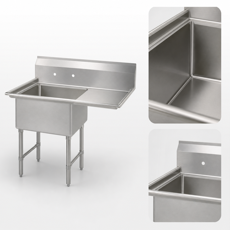 Product image #3 for BK Resources One-Compartment Stainless Steel Sink with Right Drainboard, 44-1/2 Inch W
