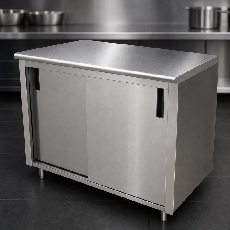 Product image #3 for Advance Tabco 72 Inch x 24 Inch Flat Top Stainless Steel Enclosed Work Table with Cabinet Base and Sliding Doors