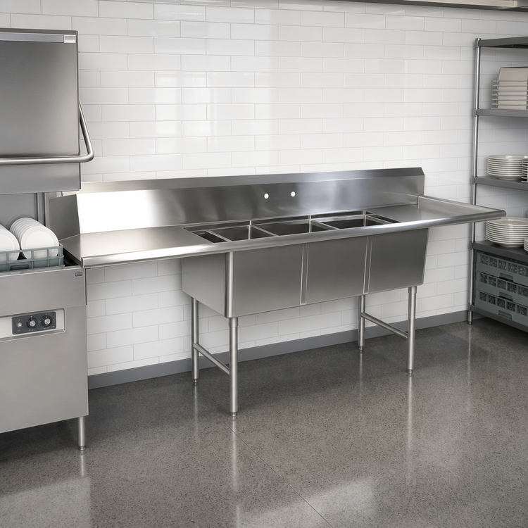 Product image #3 for John Boos Straight 3-Compartment Stainless Steel Dishtable/Pot Sink with 2 Drainboards and Left Dish Machine Attachment