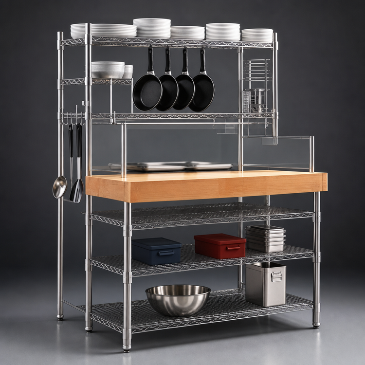 Product image #3 for Eagle Retail Display Workstation with Birch Wood Tops, 4 Chrome Wire Overshelves, and 2 Chrome Undershelves