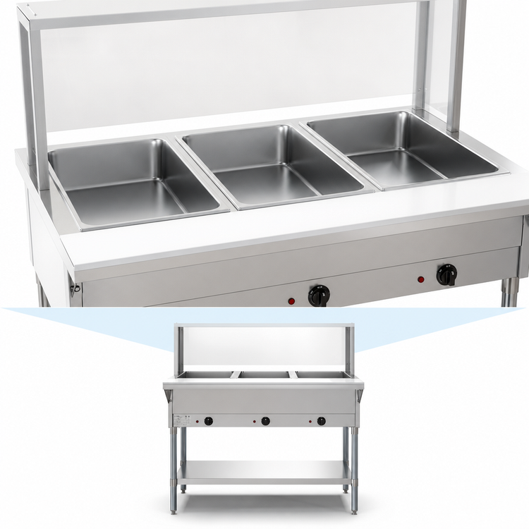 Product image #3 for KoolMore 3-Pan Open Well Electric Steam Table with Undershelf and Sneeze Guard