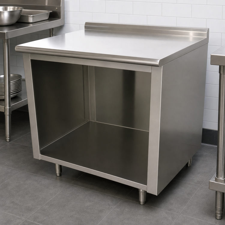 Product image #3 for Advance Tabco 36-Inch x 30-Inch Open Front Cabinet Base Work Table with 14 Gauge 304 Stainless Steel Top and 1-1/2 Inch Rear Up-Turn