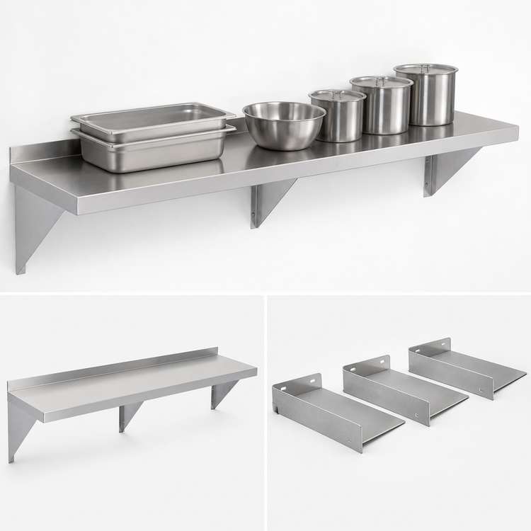 Product image #3 for Steel Works Stainless Wall-Mounted Shelf with Three Support Brackets, 72 x 16 Inch, 18-Gauge 430 Stainless Steel