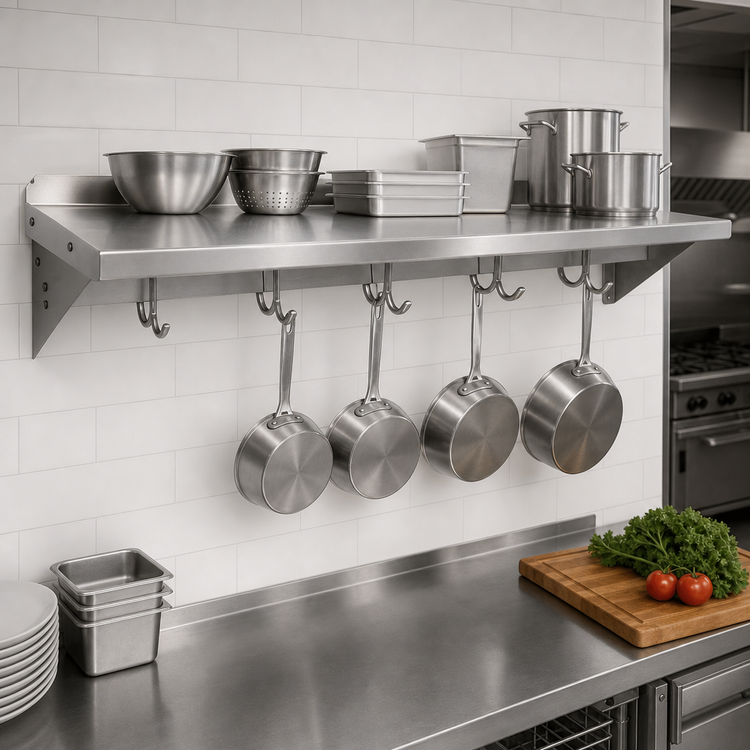 Product image #3 for John Boos Stallion 84-Inch Wall-Mount Stainless Steel Shelf with Pot Rack, 14 Gauge