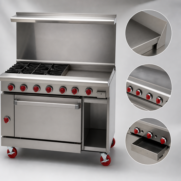 Product image #3 for American Range 48-Inch Gas Restaurant Range with 36-Inch Griddle, 2 Open Burners, Standard Oven, and Storage Base