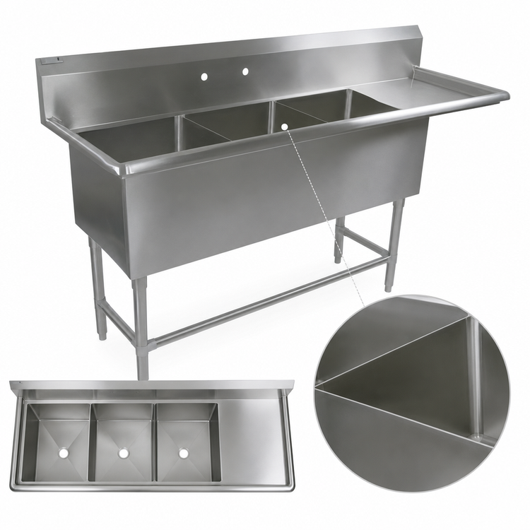 Product image #3 for John Boos Pro-Bowl 3-Compartment Sink with 30-Inch Right-Hand Drainboard, 24 x 24 x 12-Inch Bowls