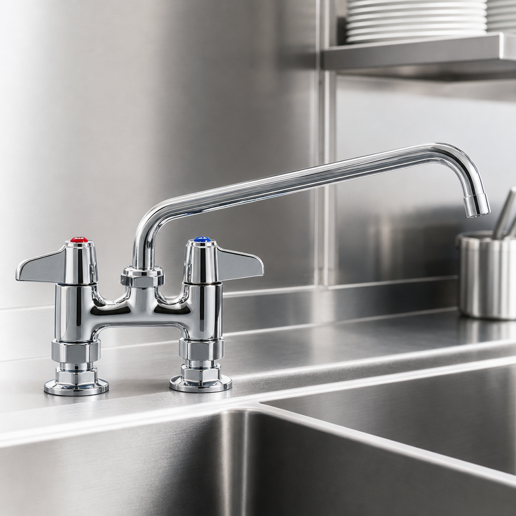 Product image #3 for equip 4" Deck Mount Mixing Faucet with 14" Swivel Nozzle, Ceramic Cartridges, and Lever Handles