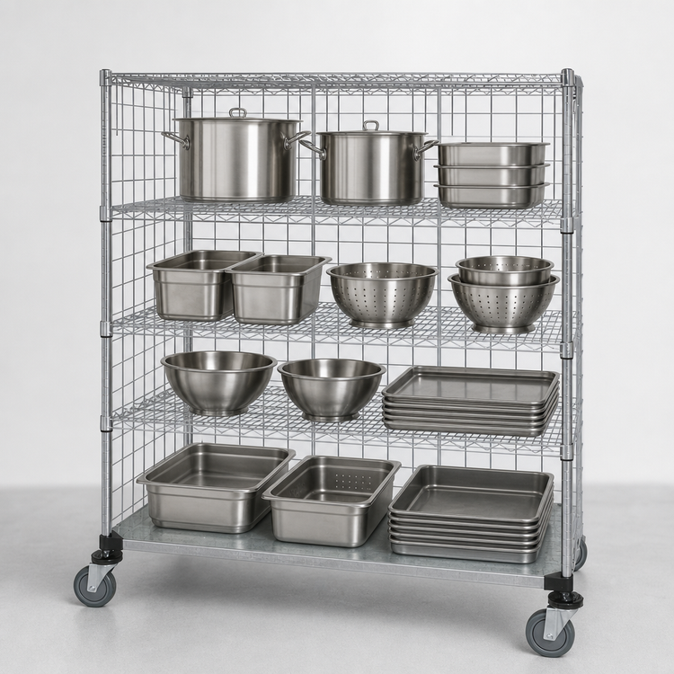 Product image #3 for Quantum 5-Shelf Mobile Wire Enclosed Cart, 60"W x 24"D x 69"H, Chrome Plated Finish
