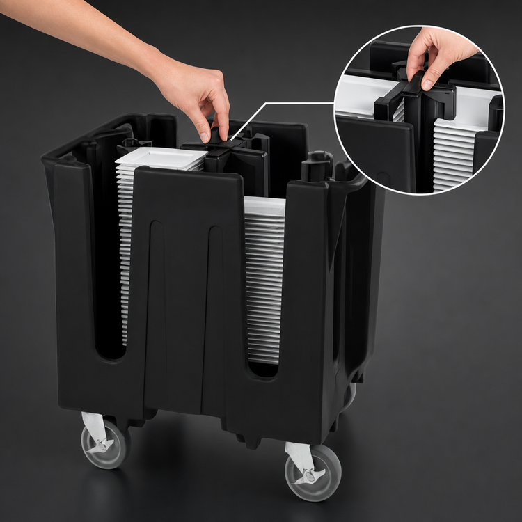 Product image #3 for Vollrath Traex Adjustable Dish Caddy for 8" to 9-1/2" Square Plates/Bowls, 4-Stack, Black