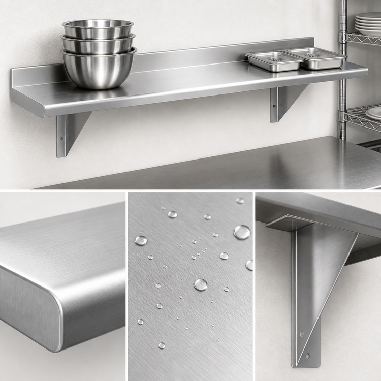 Product image #3 for Advance Tabco 132" x 10" Wall-Mounted 304 Stainless Steel Shelf, 16 Gauge, Satin Finish