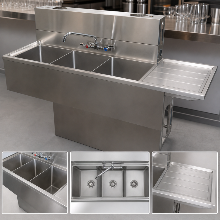 Product image #4 for BK Resources Slim-Line Three-Compartment Underbar Sink with Right Drainboard, 48 Inch x 18-1/4 Inch x 33-1/2 Inch