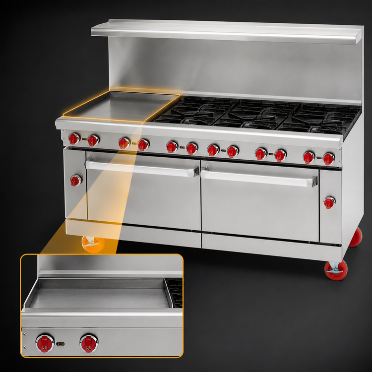 Product image #3 for American Range 72-Inch Gas Restaurant Range with 24-Inch Left Griddle, 8 Open Burners, Convection Oven and Standard Oven