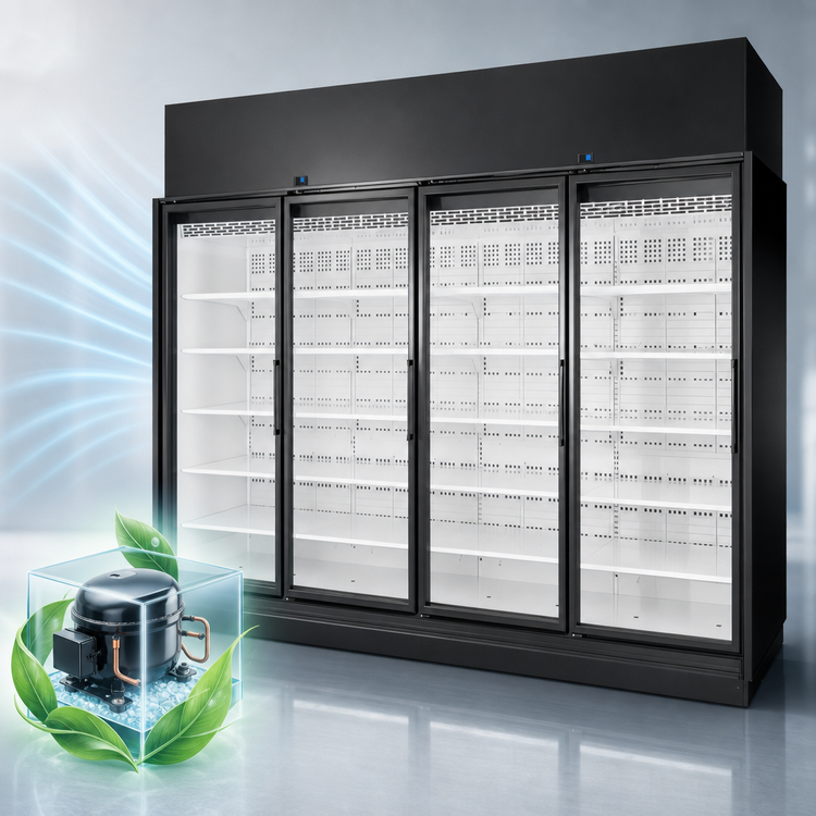 Product image #3 for True 4-Section Low-Temp Glass Door Freezer Merchandiser, Self-Contained, Black Exterior/White Interior