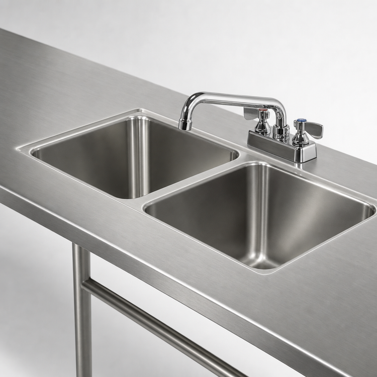 Product image #3 for Advance Tabco Double Bowl Welded Sink Into Table Top with Faucet, 30" W x 24" D x 14" Deep Bowls