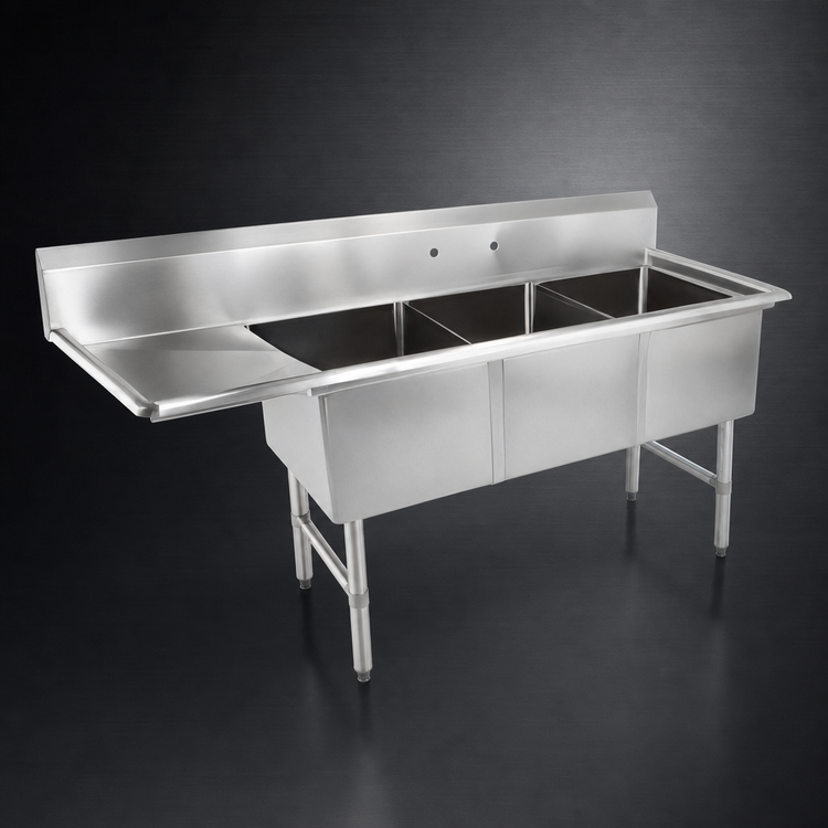 Product image #3 for John Boos B-Series 3-Compartment Sink with Left Drainboard, 70-3/16-Inch Wide, 16-Gauge Stainless Steel