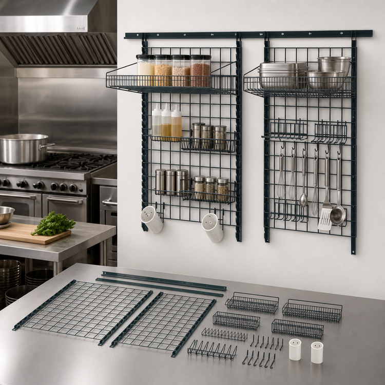 Product image #3 for Quantum Store Grid Medium-Duty Wall-Mount Starter Kit with 72" Track, Grid Panels, Shelves, and Holders