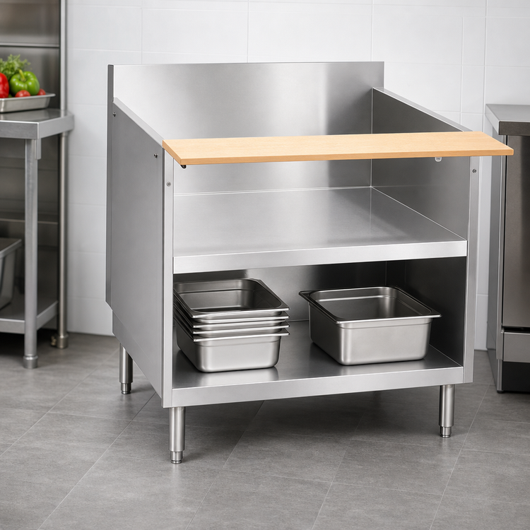 Product image #3 for 54-Inch x 30-Inch 304 Stainless Steel Open Cabinet Base Equipment Stand with 9-1/2-Inch Richlite Cutting Board