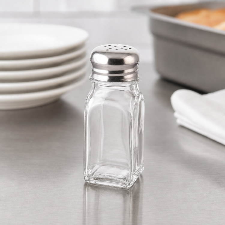 Product image #3 for Winco 2 oz Square Glass Salt and Pepper Shaker with 18/0 Stainless Steel Mushroom Top