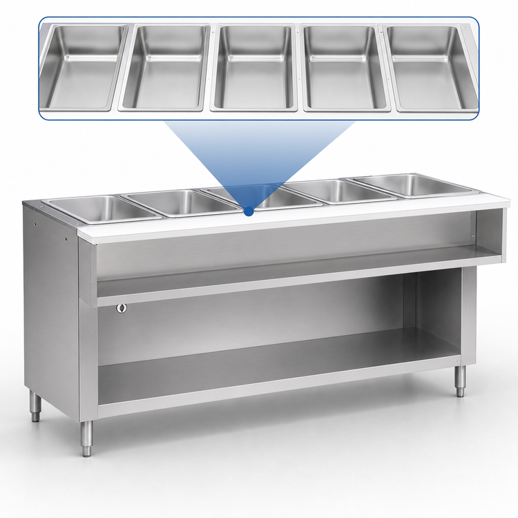 Product image #3 for Advance Tabco Triumph (Supreme) 5-Well Water Bath Hot Food Table, Liquid Propane, 77-3/4 Inch Wide, Stainless Steel Cabinet Base