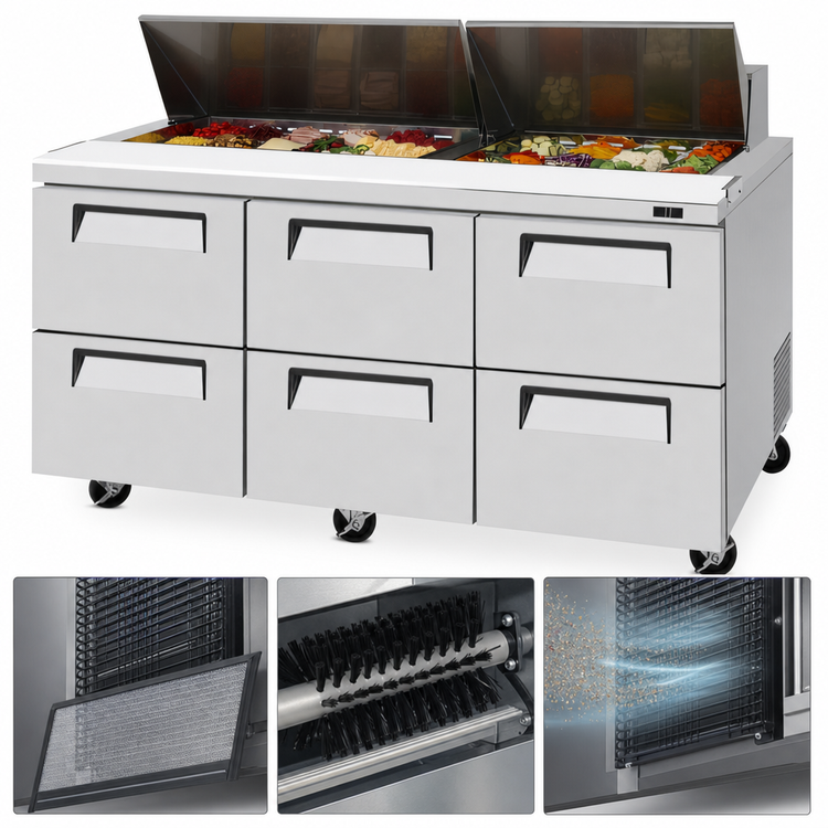 Product image #3 for Turbo Air Super Deluxe 72-5/8-Inch 3-Section 6-Drawer Sandwich/Salad Prep Table, 23 Cu. Ft., Stainless Steel, R290, 115V