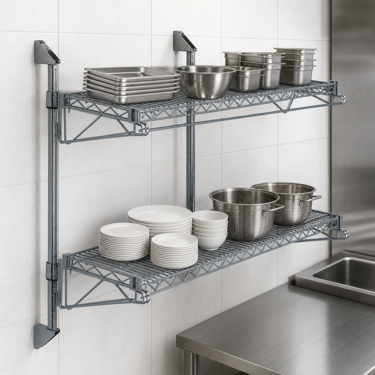 Product image #3 for Quantum Wall-Mount Cantilever Double-Shelf Wire Shelving Unit, 54 x 14 Inches, Gray Epoxy Finish