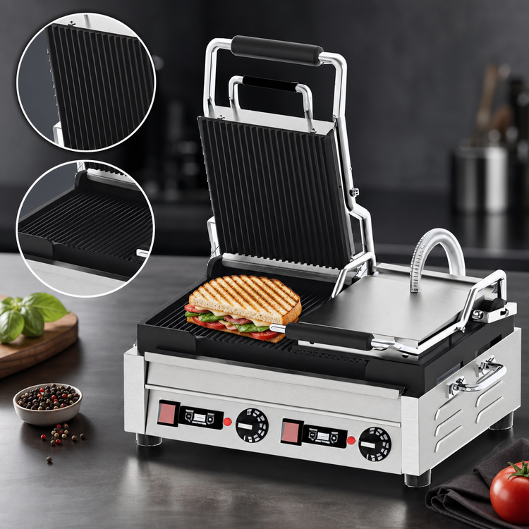 Product image #3 for Double Electric Countertop Panini Grill with Timer, Grooved Cast Iron Plates, 18 x 10 Inch Cooking Surface
