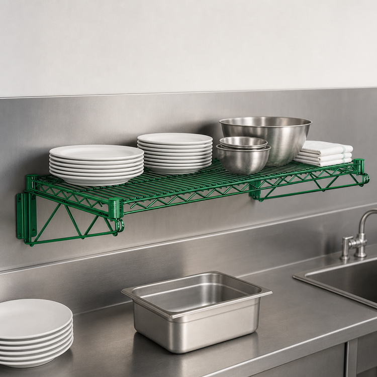 Product image #3 for Quantum Wall-Mount Cantilever Wire Shelf Unit, 42 x 21 Inches, Green Epoxy Antimicrobial Finish