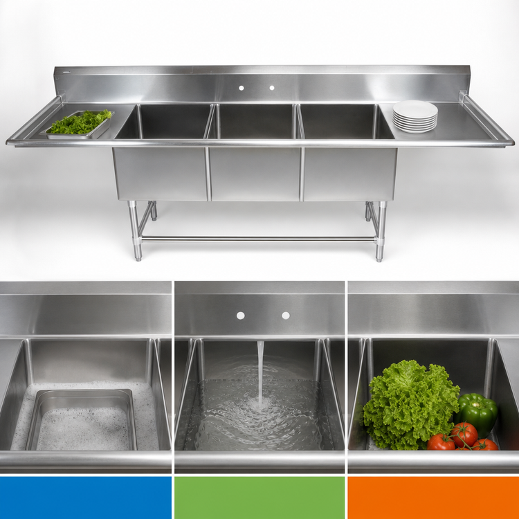 Product image #3 for John Boos Pro-Bowl 3-Compartment Sink with Two 30-Inch Drainboards, 18" x 24" x 12" Bowls