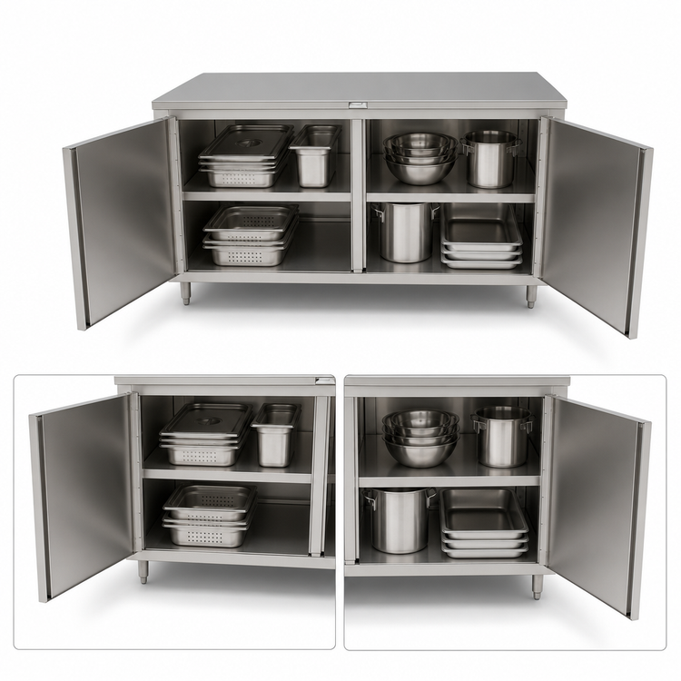 Product image #3 for John Boos 84" x 24" Stainless Steel Enclosed Work Table with Cabinet Base and Hinged Doors