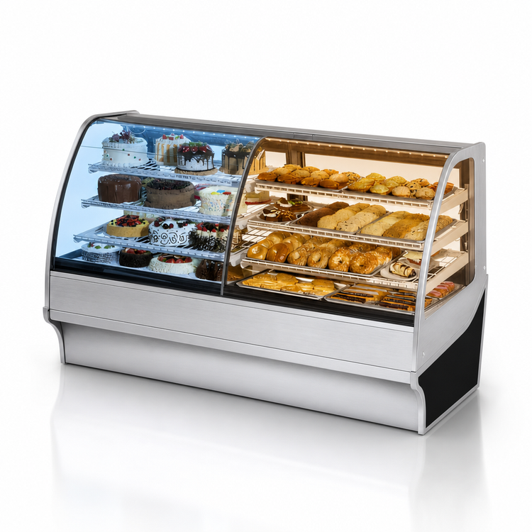 Product image #4 for True 77-1/4 Inch Dual Zone Dry and Refrigerated Curved Glass Display Merchandiser with Glass Ends, Stainless Steel