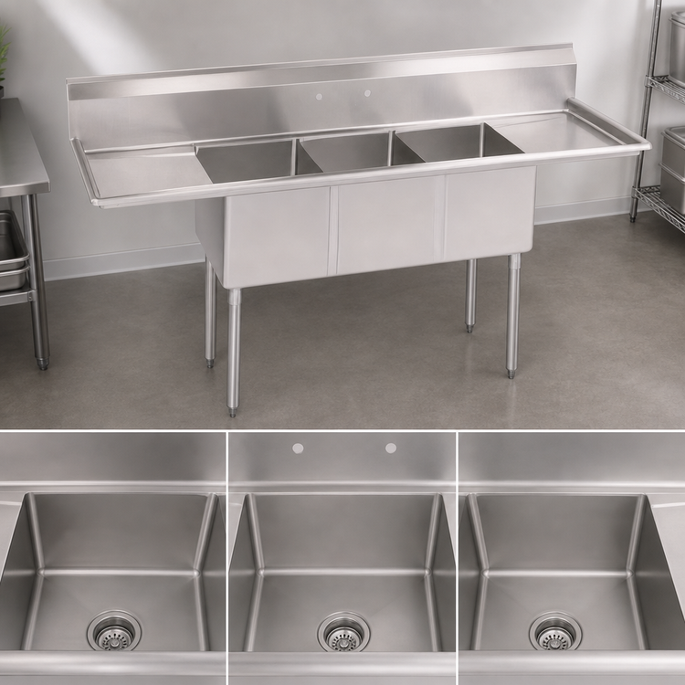 Product image #3 for John Boos E-Series 3-Compartment Sink with Left and Right Drainboards, 60 x 19-1/2 Inch, 18/300 Stainless Steel