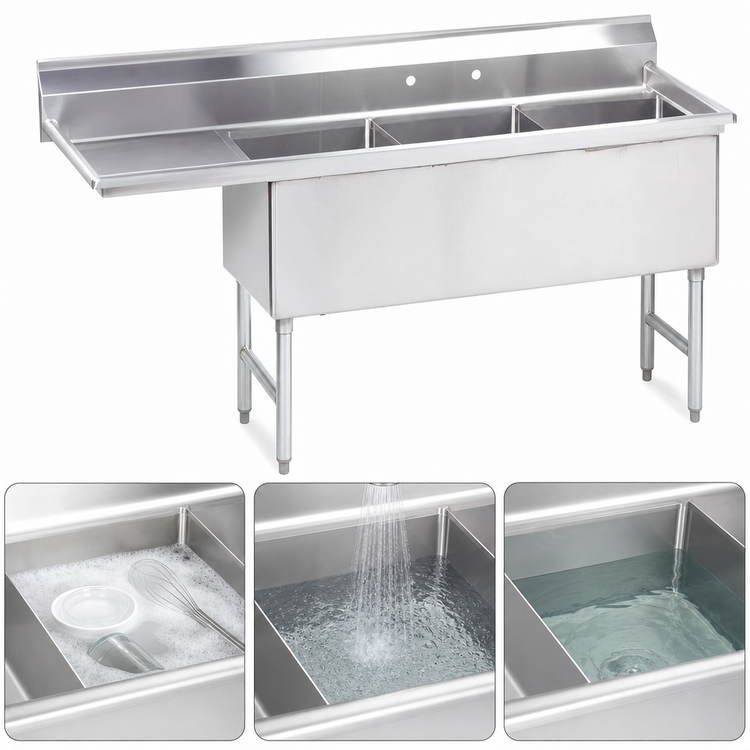 Product image #3 for Advance Tabco 3-Compartment Fabricated Sink with 24-Inch Left Drainboard, 14-Gauge 304 Stainless Steel