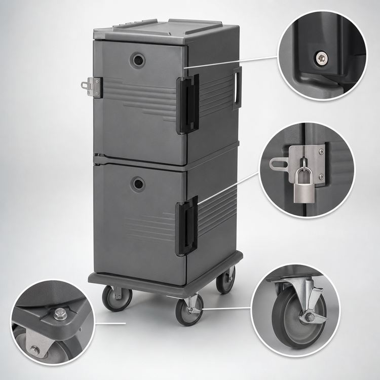 Product image #4 for Cambro Ultra Camcart® Double-Compartment Front-Loading Insulated Food Pan Carrier with Security Package, 60 Qt. Per Cavity, Granite Sand