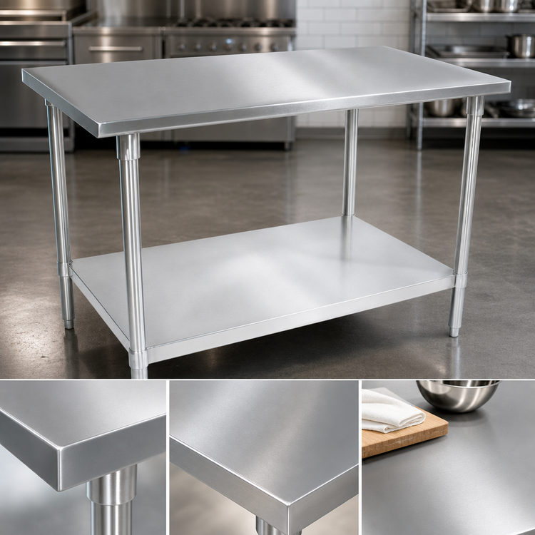 Product image #3 for John Boos Stallion 84 Inch x 36 Inch 14-Gauge Stainless Steel Flat Top Work Table with Stallion Safety Edge and Adjustable Undershelf