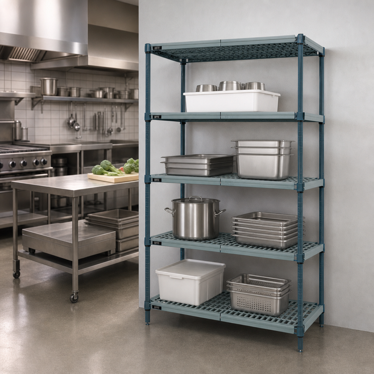 Product image #3 for Quantum 4-Tier Stationary Wire Plastic Mat Shelving Unit, 48"W x 18"D x 86"H, Green Epoxy Antimicrobial Coating