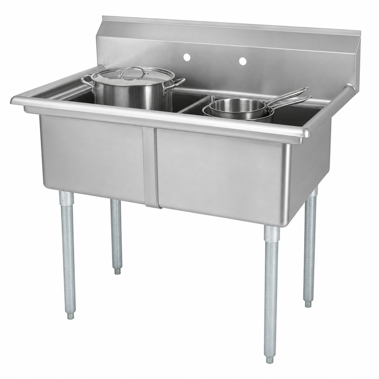 Product image #3 for Omcan USA 2-Compartment Pot Sink with Dual 24" x 24" x 14" Bowls, 9-3/4" Backsplash, and Galvanized Legs