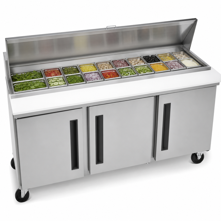 Product image #3 for Centerline by Traulsen 72-Inch Three-Section Compact Reach-In Prep Table Refrigerator with Left-Hinged Solid Doors