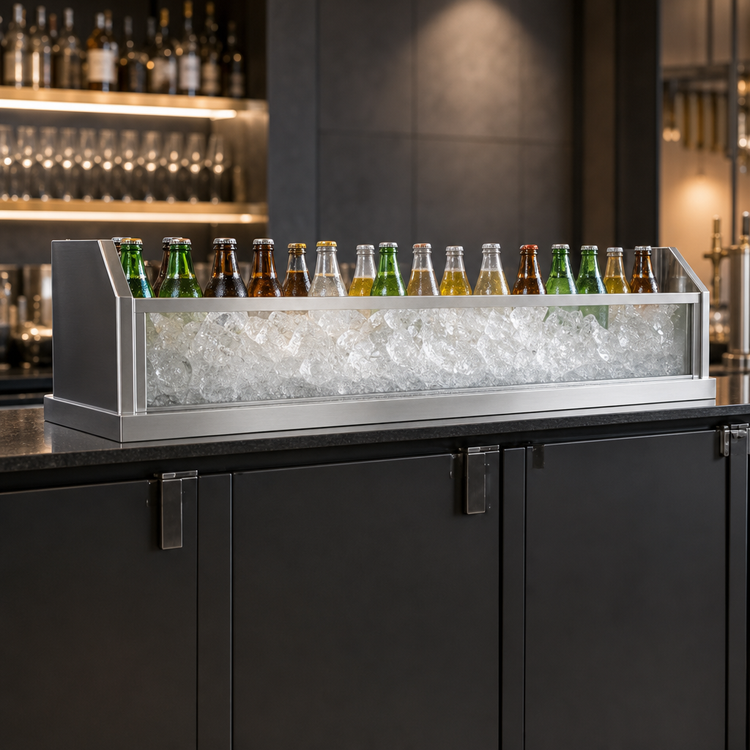 Product image #3 for Glastender Back Bar Glass Ice Display Unit for Bottled Beverages, 90-Inch W x 18-Inch D x 9-Inch H