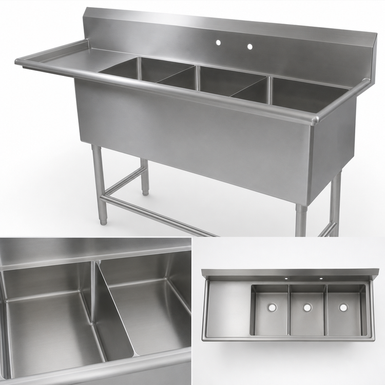 Product image #3 for John Boos Pro-Bowl 3-Compartment Sink with Left Drainboard, 18" x 24" x 14" Bowls, 14-Gauge Stainless Steel