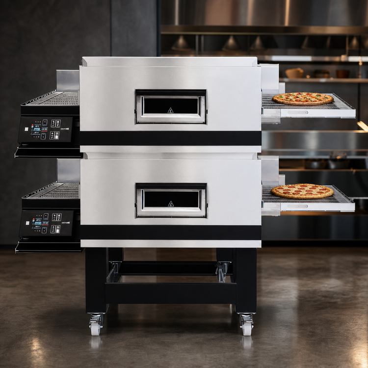Product image #3 for Moretti Forni TT98E2S Double-Deck Electric Conveyor Pizza Oven with Stand