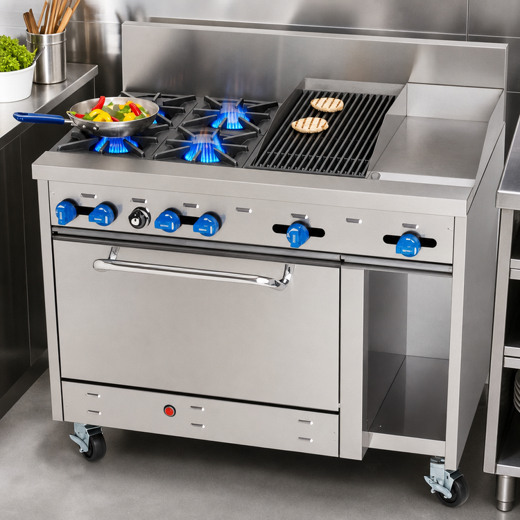 Product image #3 for Comstock-Castle 48 Inch Commercial Gas Range with 4 Open Burners, 12 Inch Griddle, 12 Inch Char-Broiler, Oven and Cabinet Base