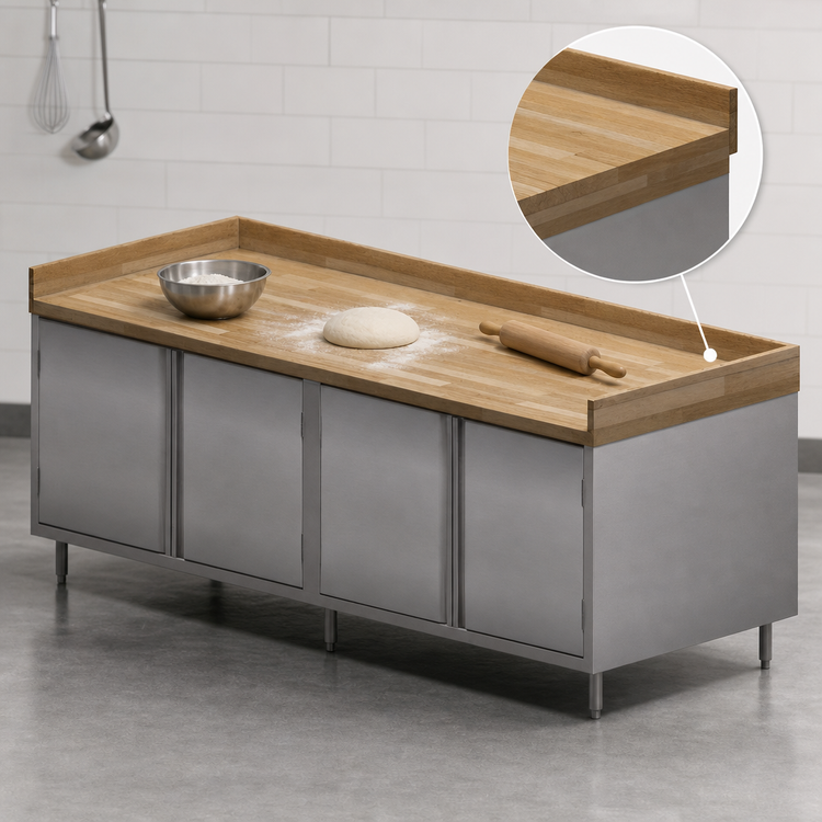 Product image #3 for BK Resources 96 Inch x 30 Inch Chef Table with Cabinet Base, Hinged Doors, and Hard Maple Bakers Top