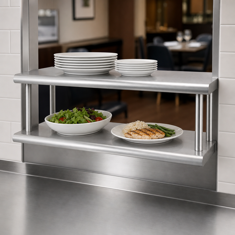 Product image #3 for BK Resources Double Tier Wall Mounted Pass-Through Shelf, 36 x 18 Inches, 304 Stainless Steel
