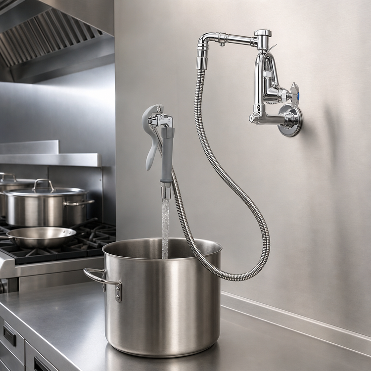 Product image #3 for T&S Brass B-0605 Wall-Mount Pot and Kettle Filler Faucet Assembly with Hook Nozzle, Vacuum Breaker, and 68-Inch Hose