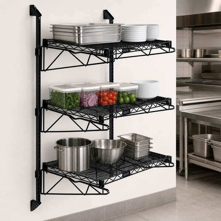 Product image #3 for Quantum Wall-Mounted Cantilever Wire Shelving Starter Unit with 3 Wire Shelves and 54-Inch Posts