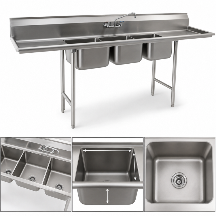 Product image #3 for Eagle Group 412 Series Three-Compartment Sink, 58-3/4" W x 27-1/2" D, 430 Stainless Steel