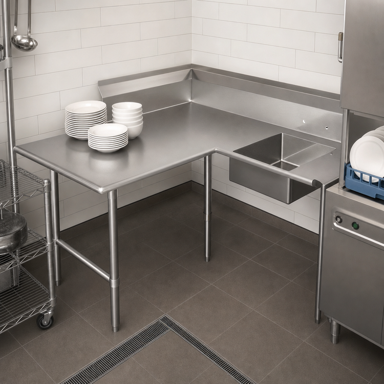 Product image #3 for John Boos Pro-Bowl L-Shaped Soiled Landing Dishtable with 10-Inch Landing Shelf and 20 x 20 x 8-Inch Sink Bowl, Left-to-Right, 70 x 60 Inches