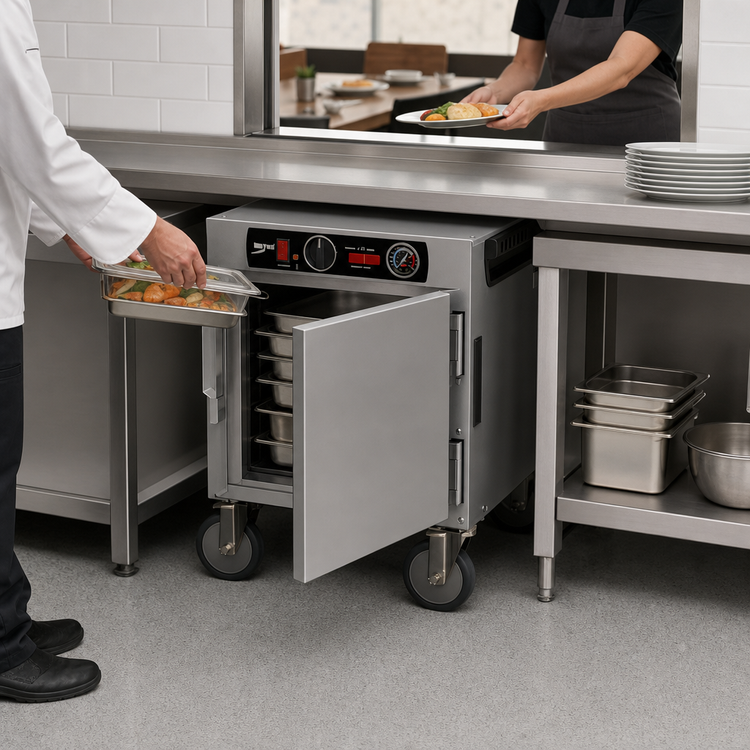 Product image #4 for Metro HotBlox Narrow 4-Pan Pass-Thru Undercounter Insulated Holding Cabinet with Solid Doors and Analog Controls