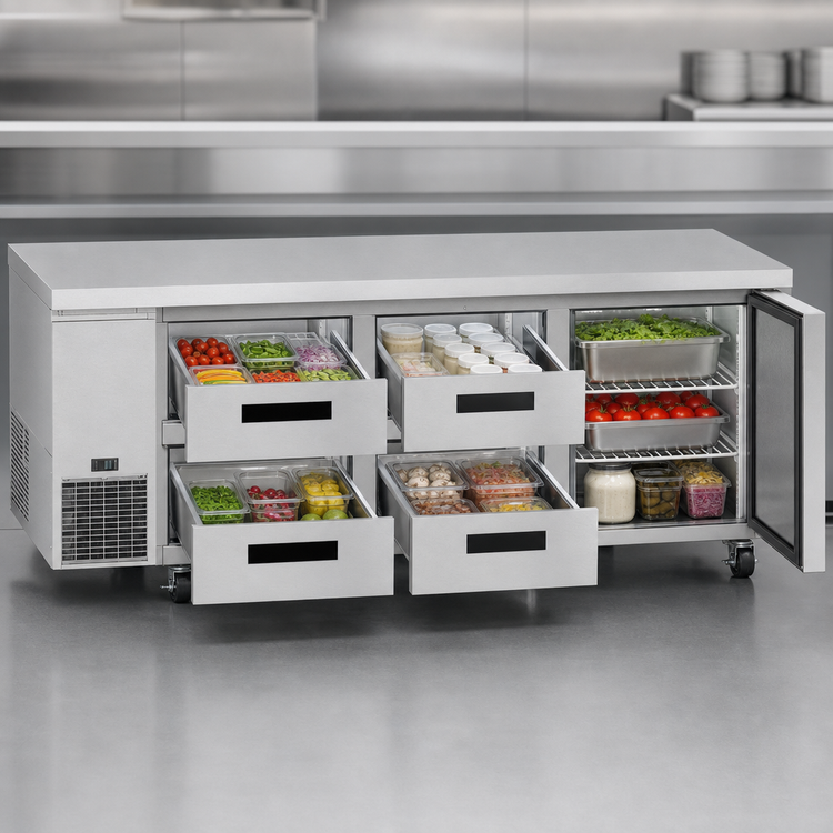 Product image #3 for Hoshizaki Steelheart ULR93B-D4 Three-Section Undercounter Refrigerator with 1 Solid Door and 4 Drawers, Side-Mounted Self-Contained Refrigeration